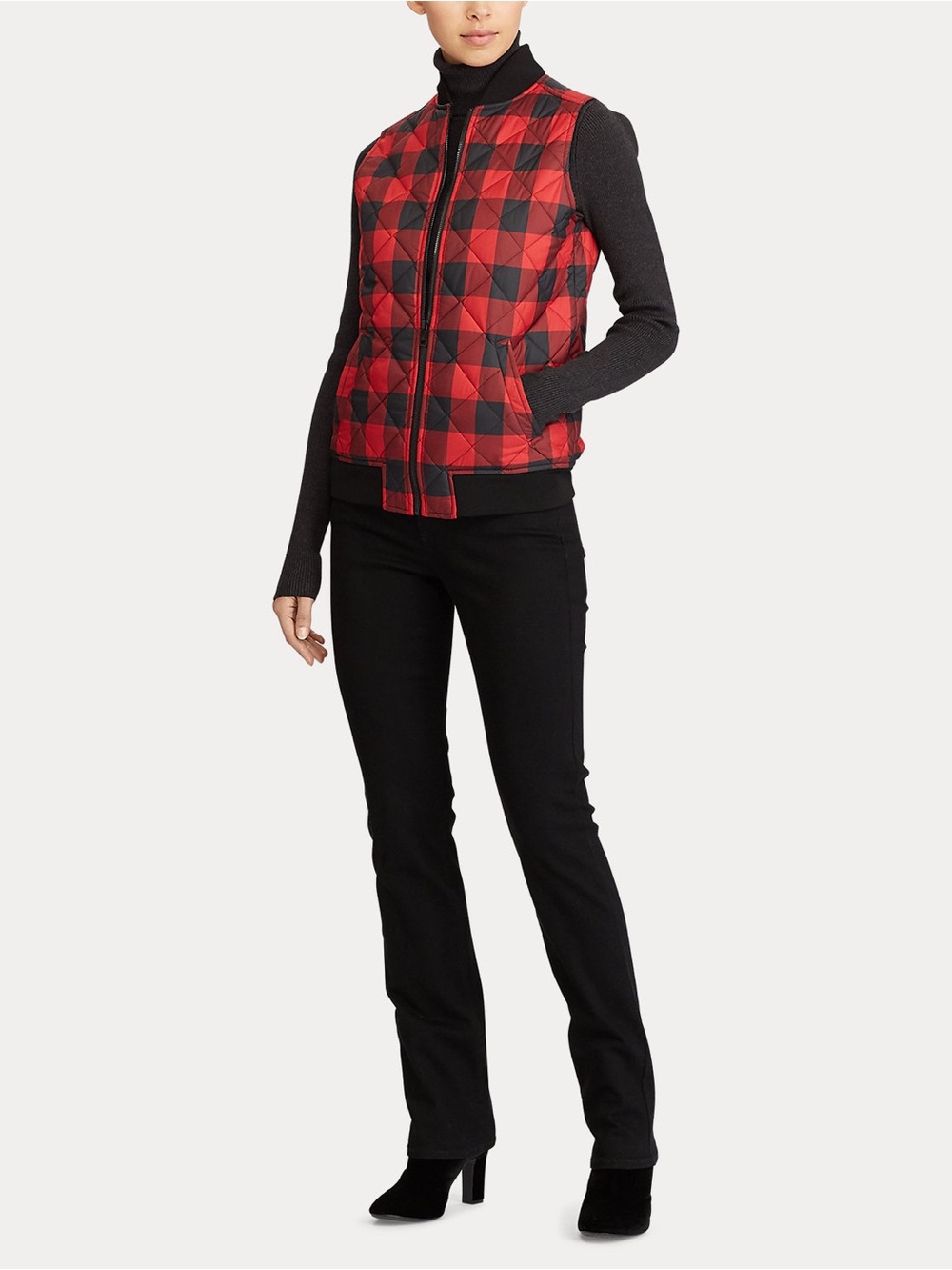 Lauren Ralph Lauren Buffalo Check Plaid Quilted Vest Pockets Red Black Preppy S